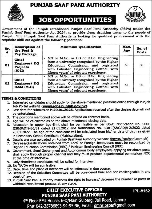 Punjab Saaf Pani Authority PSPA Lahore Jobs 2026 – Irrigation Department Punjab Jobs 2026 — original advertisement