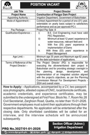 Irrigation Department Quetta Job 2026 – Irrigation Department Balochsitan Jobs 2026 — original advertisement