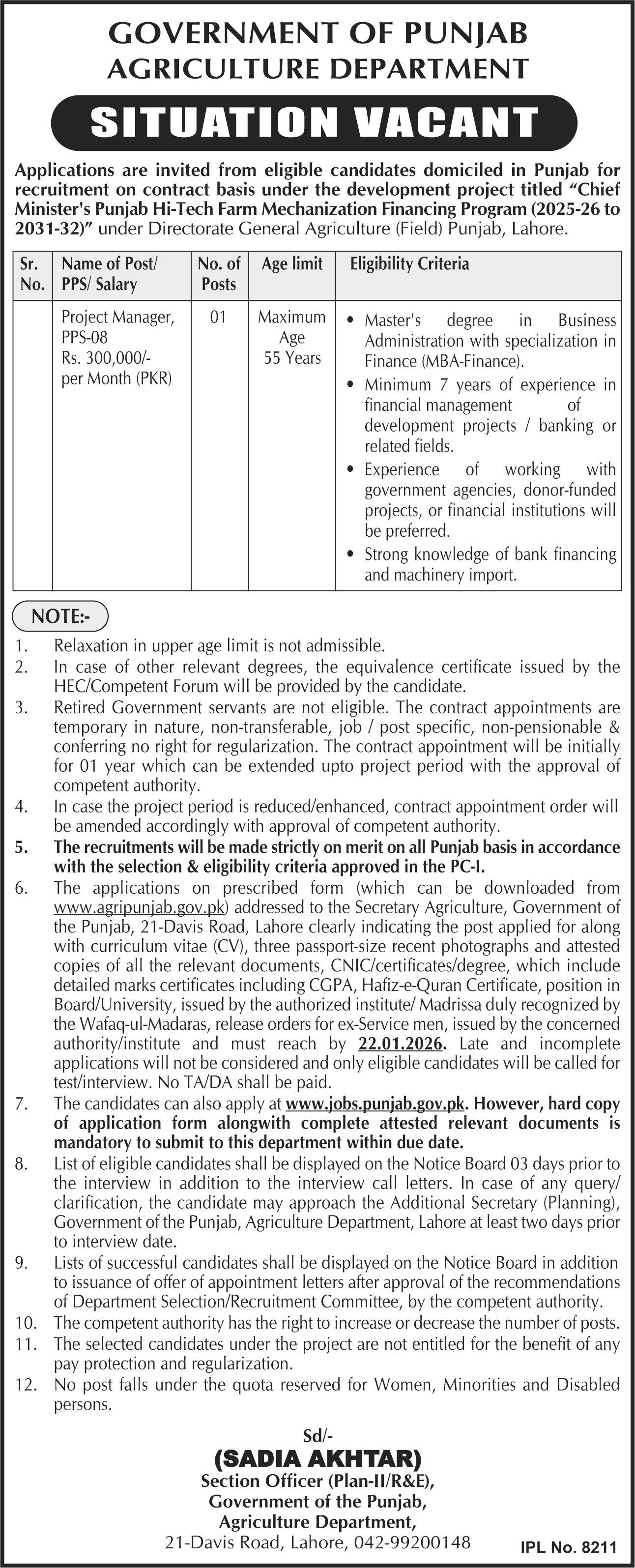 Agriculture Department Lahore Job 2026 – Agriculture Department Punjab Jobs 2026 — original advertisement