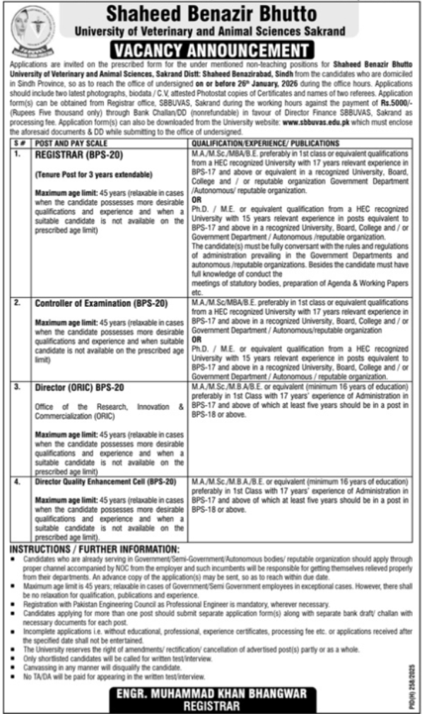 University Of Veterinary & Animal Sciences Sakrand Jobs – Shaheed Benazir Bhutto University of Veterinary & Animal Sciences Sakrand Sindh Jobs 2026 — original advertisement