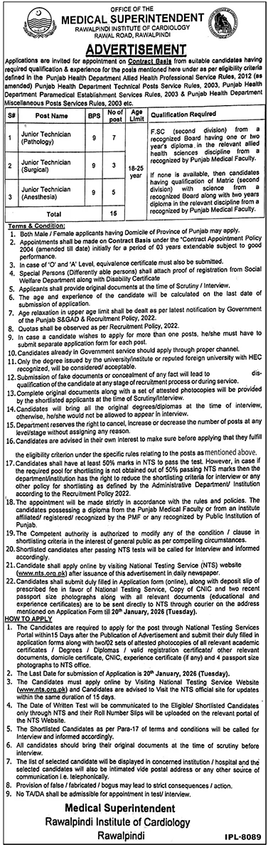 Rawalpindi Institute Of Cardiology Jobs 2026 – Punjab Institute of Cardiology Lahore Jobs 2026 — original advertisement