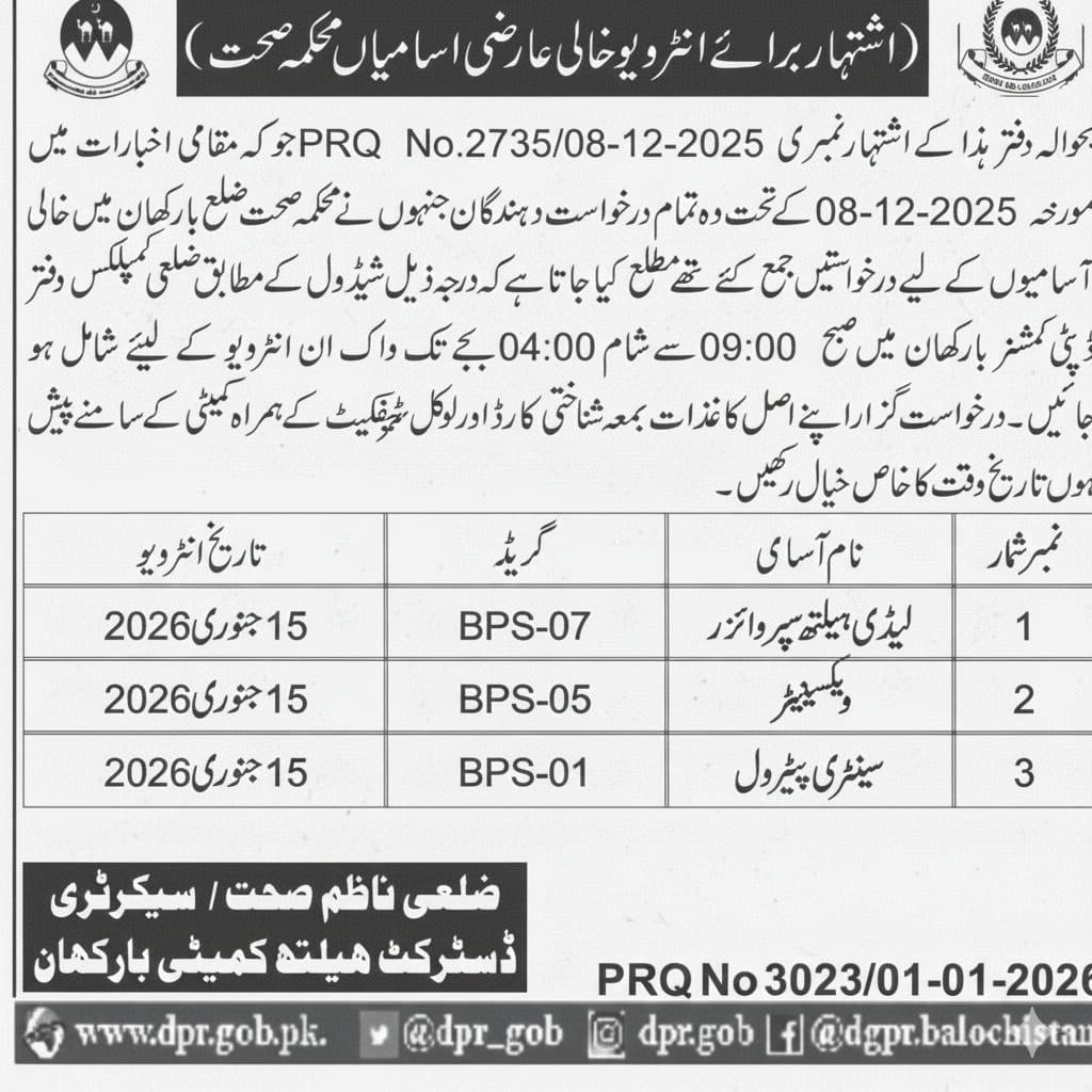 Health Department Barkhan Interviews 2026 – Health Department Balochsitan Jobs 2026 — original advertisement