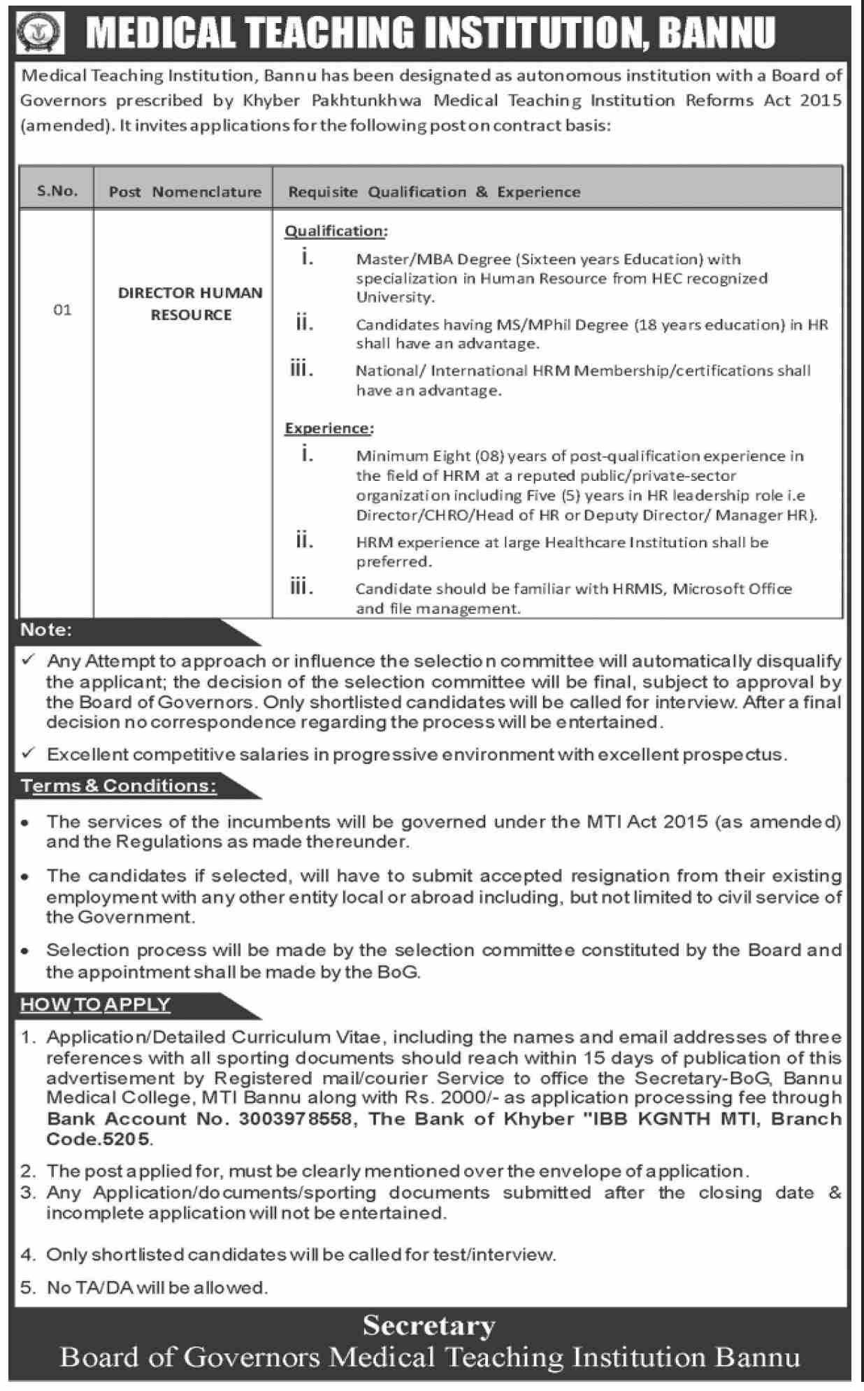 Medical Teaching Institute Bannu Jobs 2026 – Medical Teaching Institute MTI Khyber Teaching Hospital Peshawar Kpk Jobs 2026 — original advertisement
