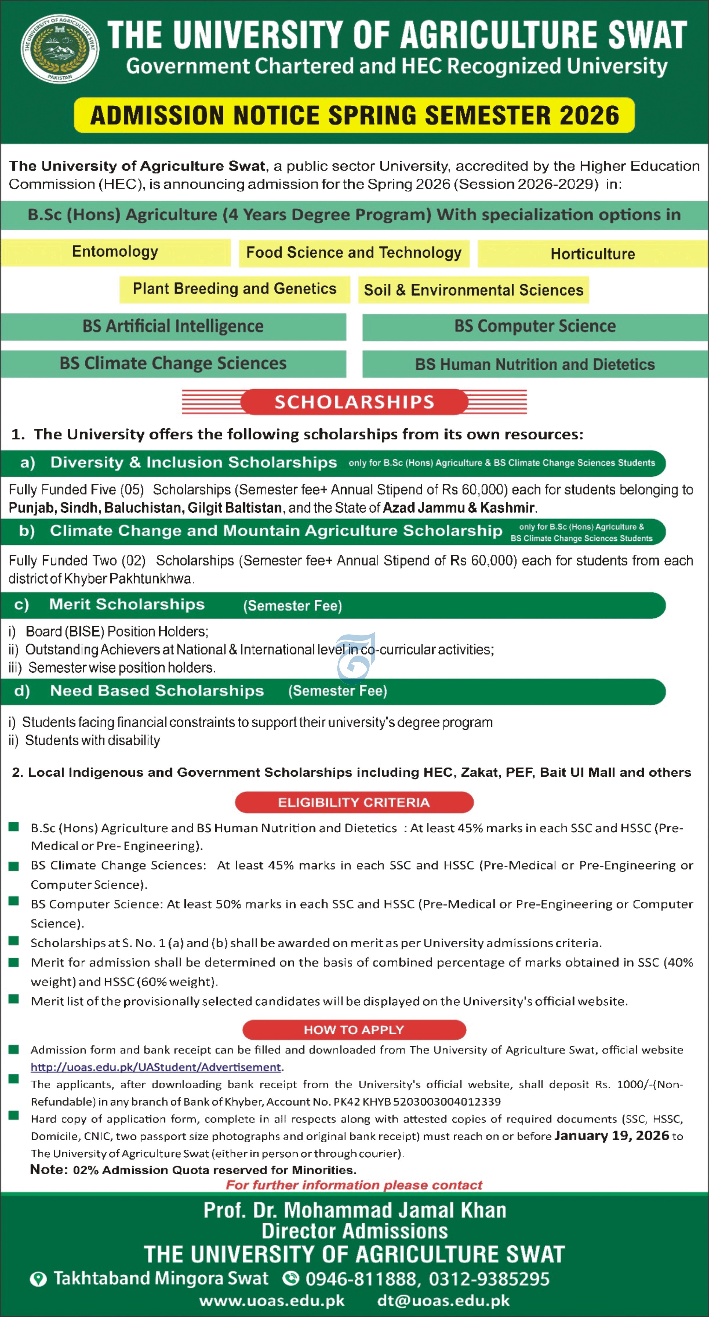 Admission Open in The University of Agriculture Swat 2026 – The University of Agriculture Peshawar Admissions 2026 — original advertisement