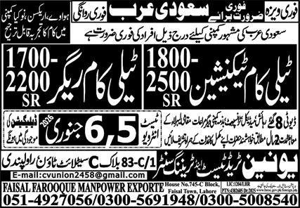 Telecom  others And Telecom maintenanceJobs In ksa 2026 – Union Manpower Services Jobs 2026 — original advertisement