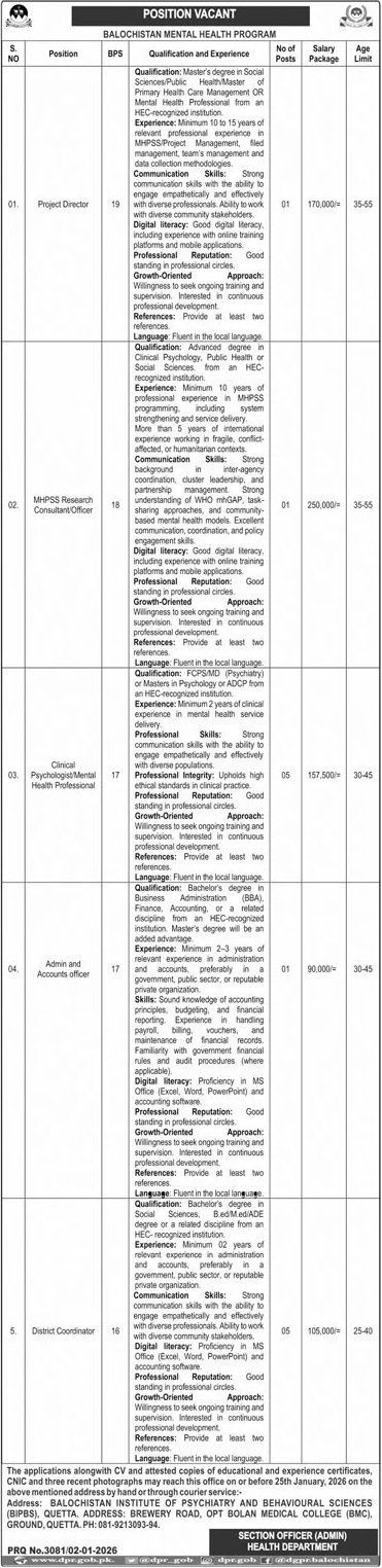 Balochistan Mental Health Program Jobs 2026 – Health Department Balochsitan Jobs 2026 — original advertisement