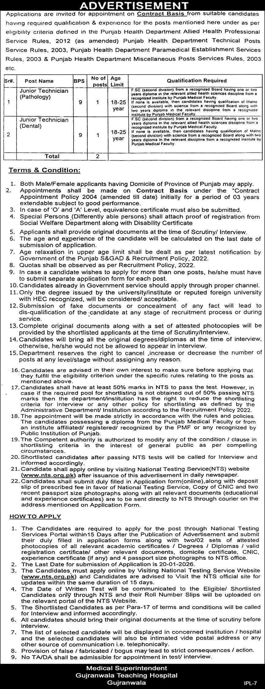 Gujranwala Teaching Hospital Gujranwala Jobs 2026 – Health Department Punjab Jobs 2026 — original advertisement
