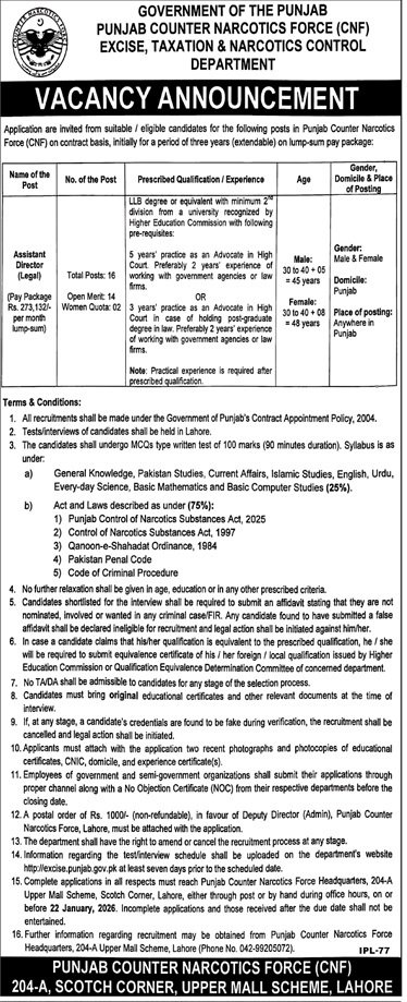 Excise Taxation & Narcotics Control Department Punjab Jobs Jobs 2026 — original advertisement