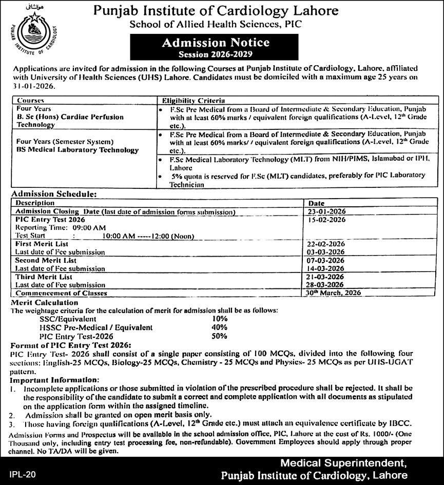 Admission Open in Punjab Institue of Cardiology Lahore 2026 – Punjab Institute of Cardiology Lahore Admissions 2026 — original advertisement