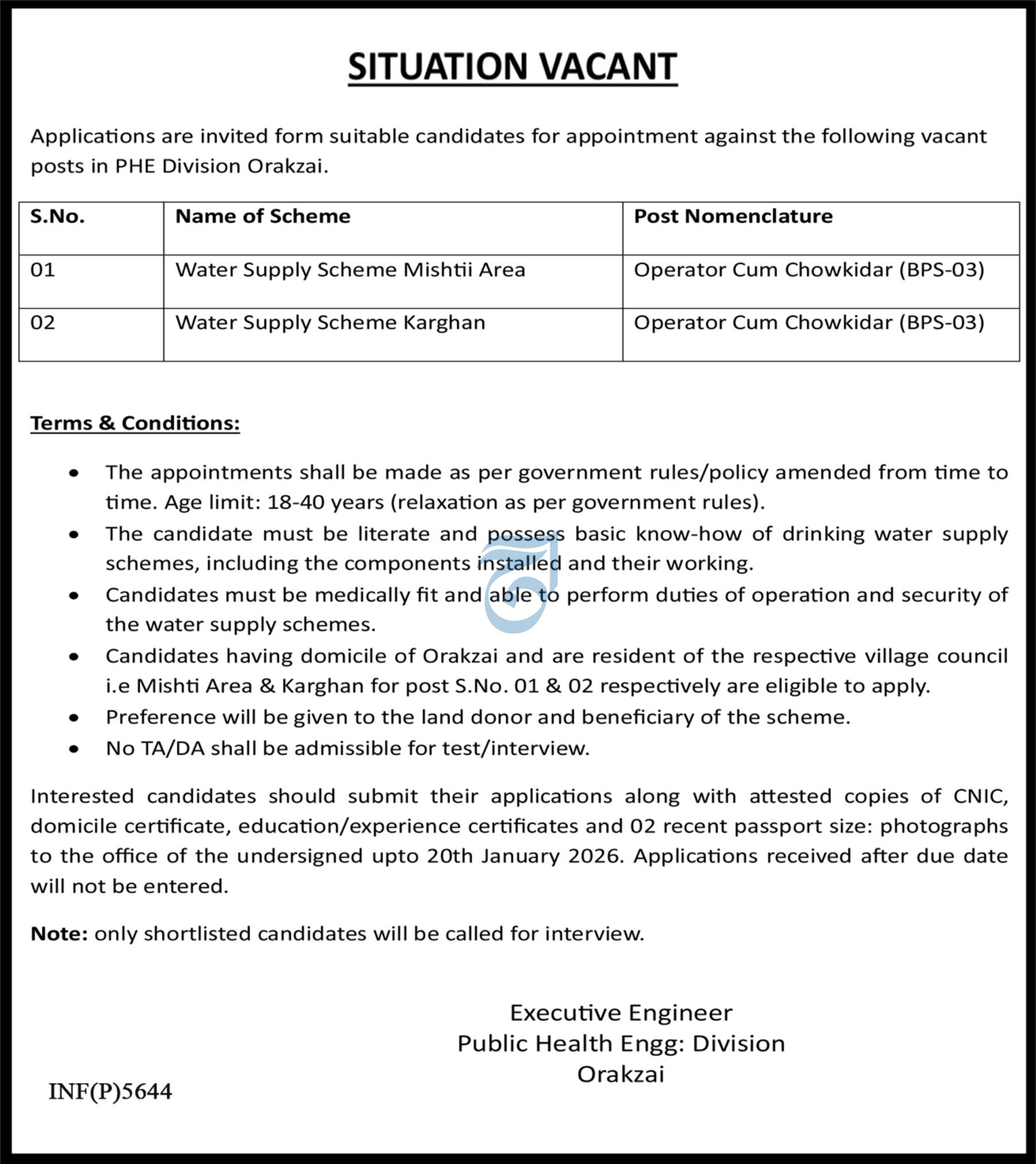 Public Health Engineering Division Orakzai Jobs 2026 – Public Health Engineering Department KPK Jobs 2026 — original advertisement