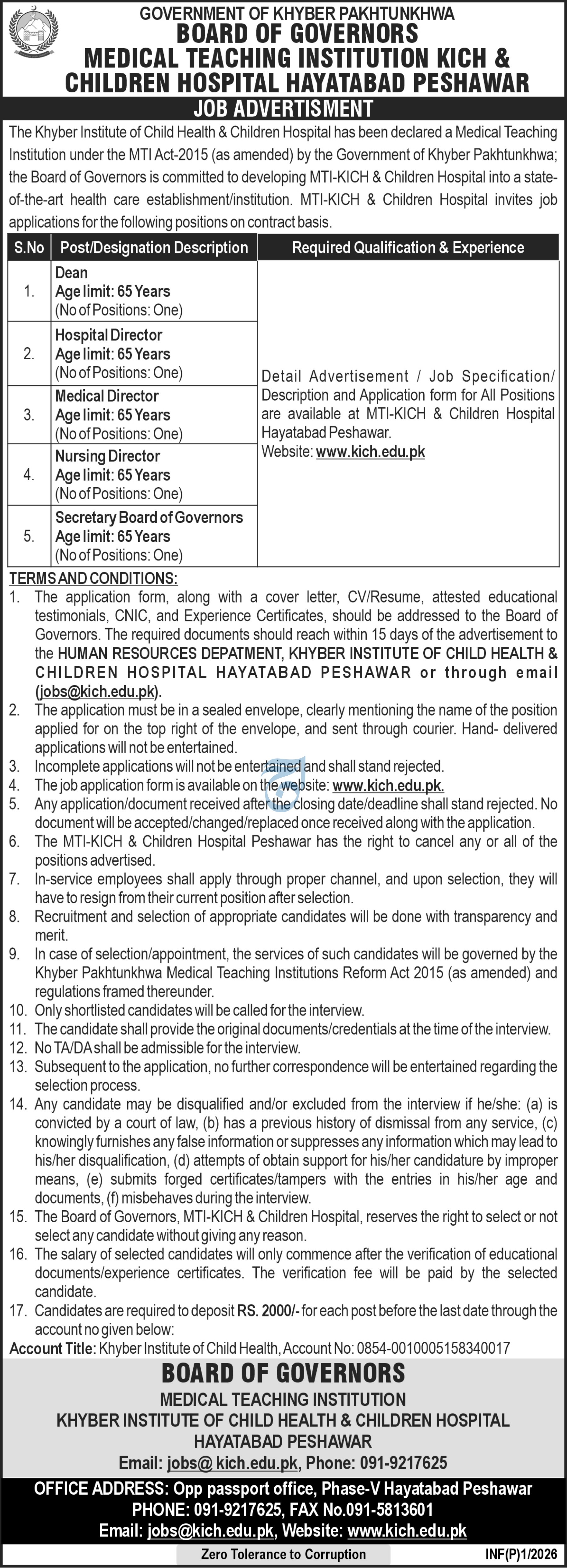Medical Teaching Institution Kich & Children Hospital Jobs – Medical Teaching Institute MTI Khyber Teaching Hospital Peshawar Kpk Jobs 2026 — original advertisement