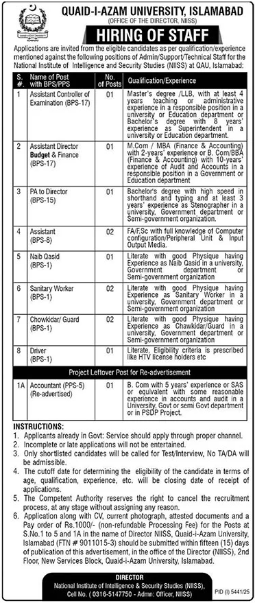 Quaid I Azam University QAU Islamabad Jobs 2026 – Quaid-i-Azam University, Islamabad , Pakistan Jobs 2026 — original advertisement