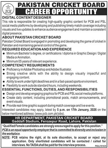 Pakistan Cricket Board PCB Lahore Jobs 2026 – Pakistan Cricket Board (PCB) Jobs 2026 — original advertisement