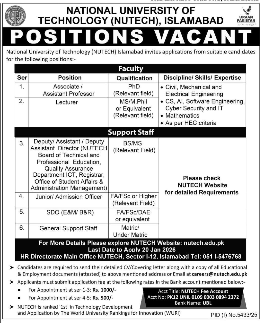 National University of Technology Nutech Islamabad Jobs 2026 Jobs 2026 — original advertisement