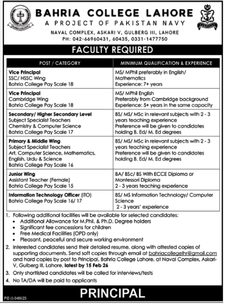 Bahria College Lahore Punjab Jobs 2026 – Bahria college karsaz Jobs 2026 — original advertisement