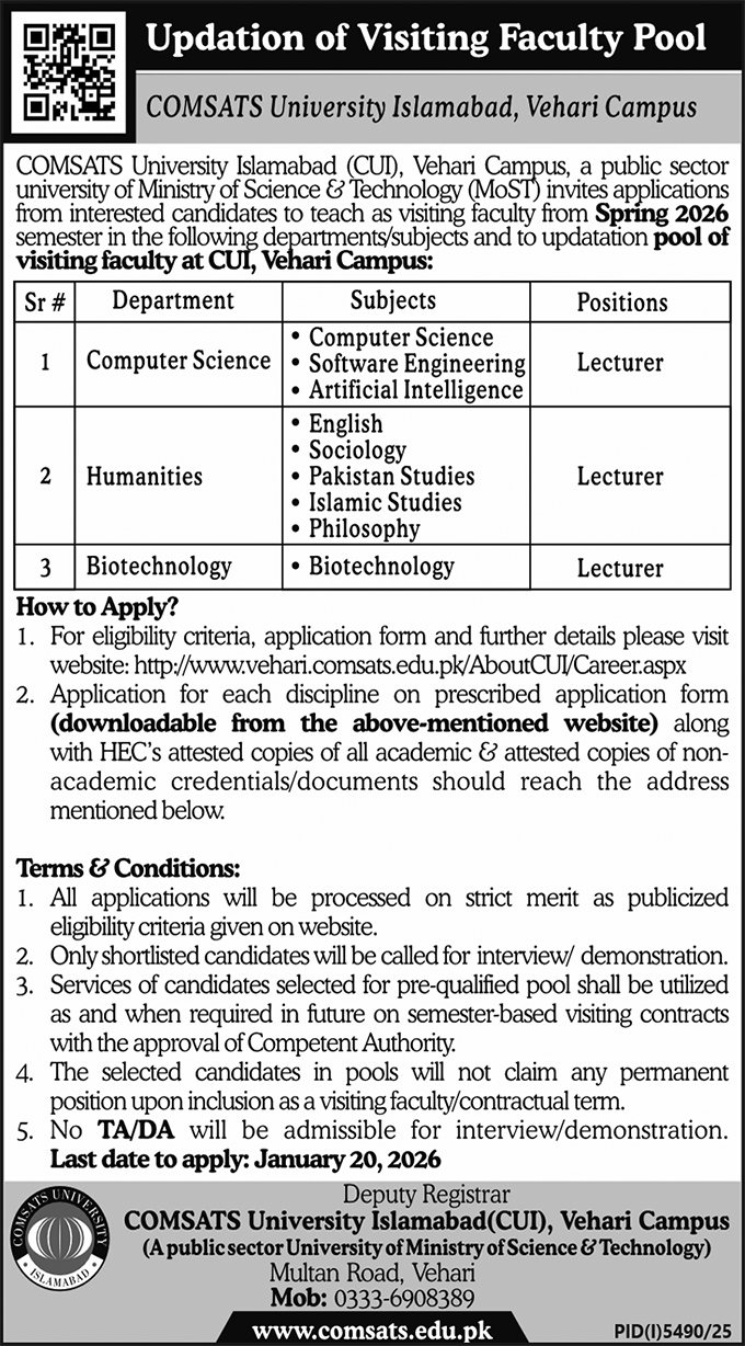 Comsats University Vehari Jobs 2026 – COMSATS University Islamabad Jobs 2026 — original advertisement