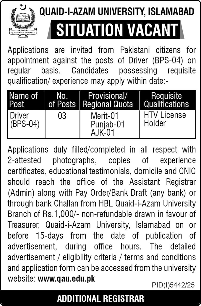 Quaid i Azam University Islamabad Jobs 2026 – Quaid-i-Azam University, Islamabad , Pakistan Jobs 2026 — original advertisement