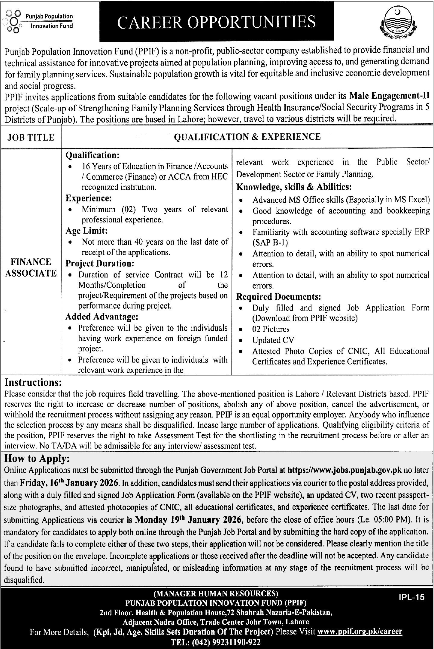 Punjab Population Innovation Fund PPIF Lahore Jobs 2026 – Public Sector Organization Jobs 2026 — original advertisement