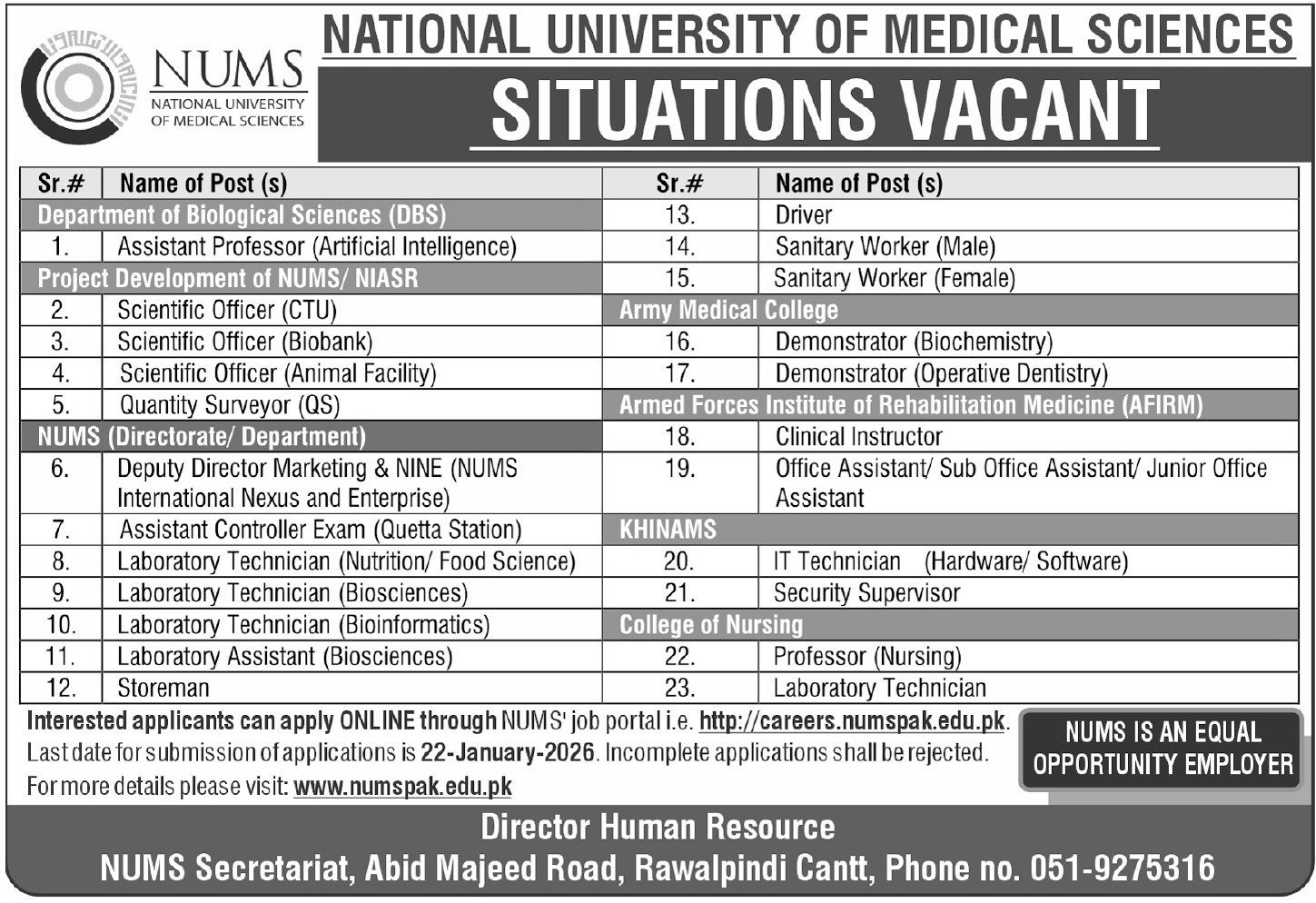 National University of Medical Sciences NUMS Rawalpindi Jobs – National University of Medical Science NUMS Jobs 2026 — original advertisement