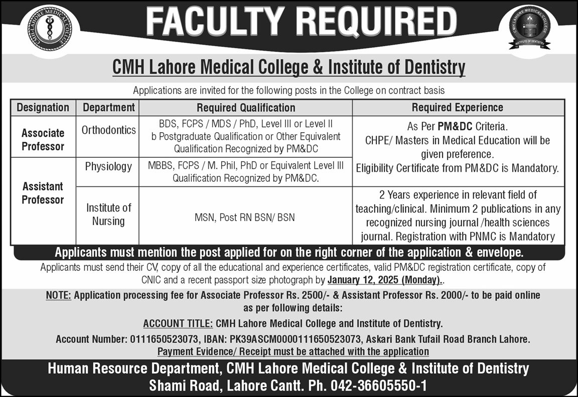 CMH Lahore Medical College LahoreJobs 2026 – Combined Military Hospital CMH Jobs 2026 — original advertisement