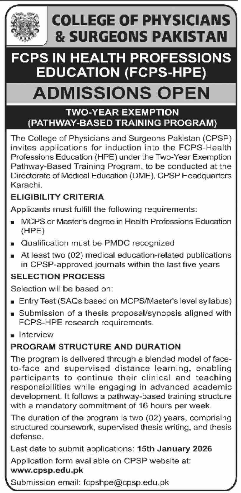 Admission Open in College of Physicians And Surgens 2026 – College of Physicians and Surgeons Pakistan Admissions 2026 — original advertisement