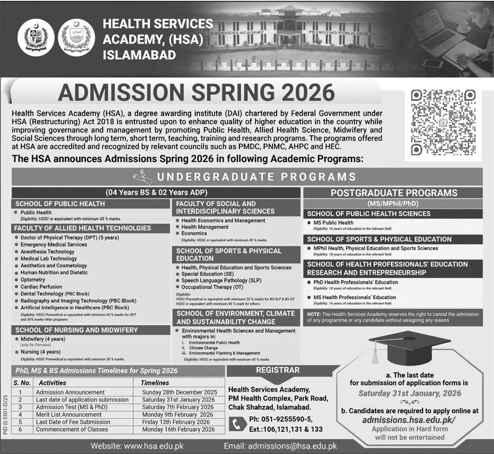 Admission Open in Health Services Academy Islamabad 2026 Admissions 2026 — original advertisement
