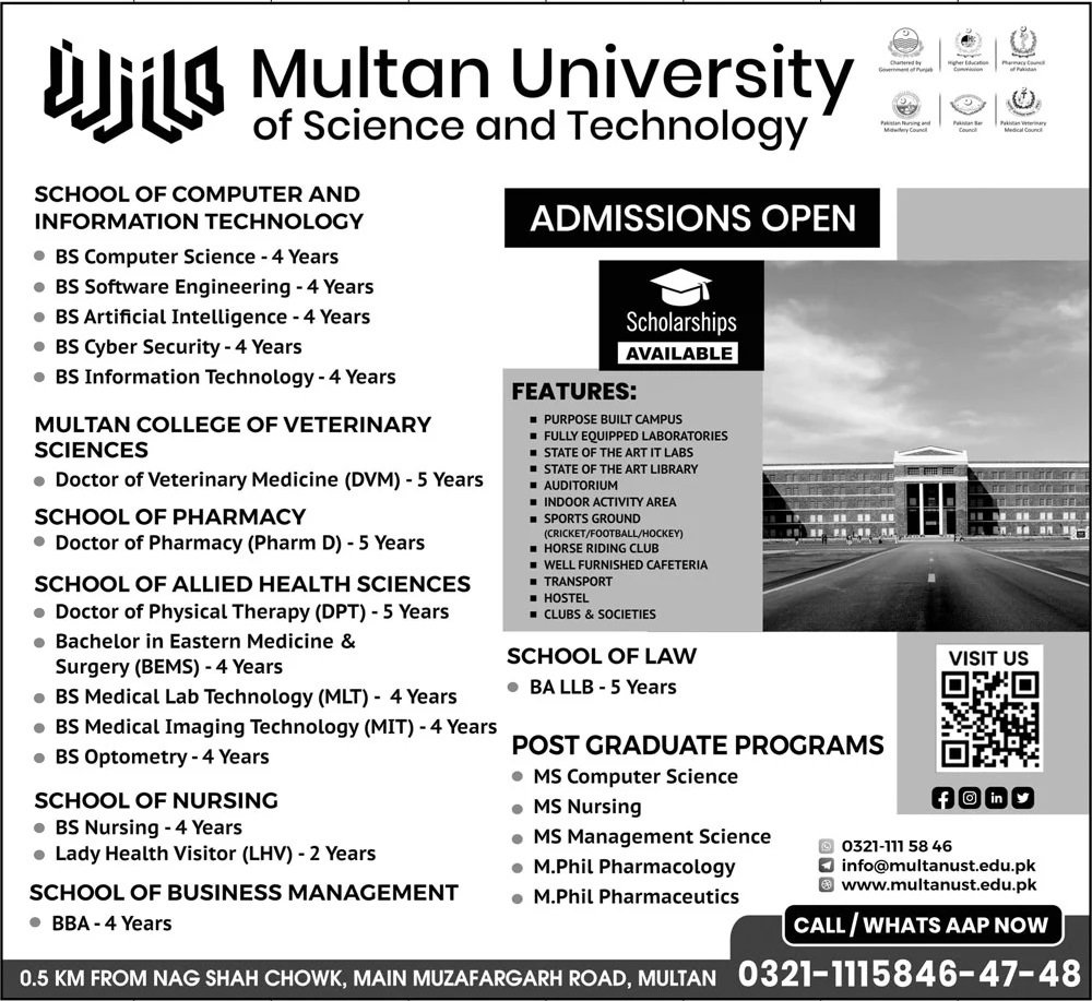 Admission Open in Multan University of Science & Technology Admissions 2026 — original advertisement