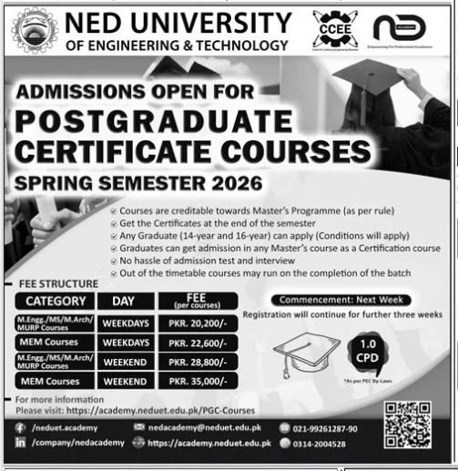 Admission Open in Ned University of Engineering & Technogy – NED University of Engineering and Technology Admissions 2026 — original advertisement