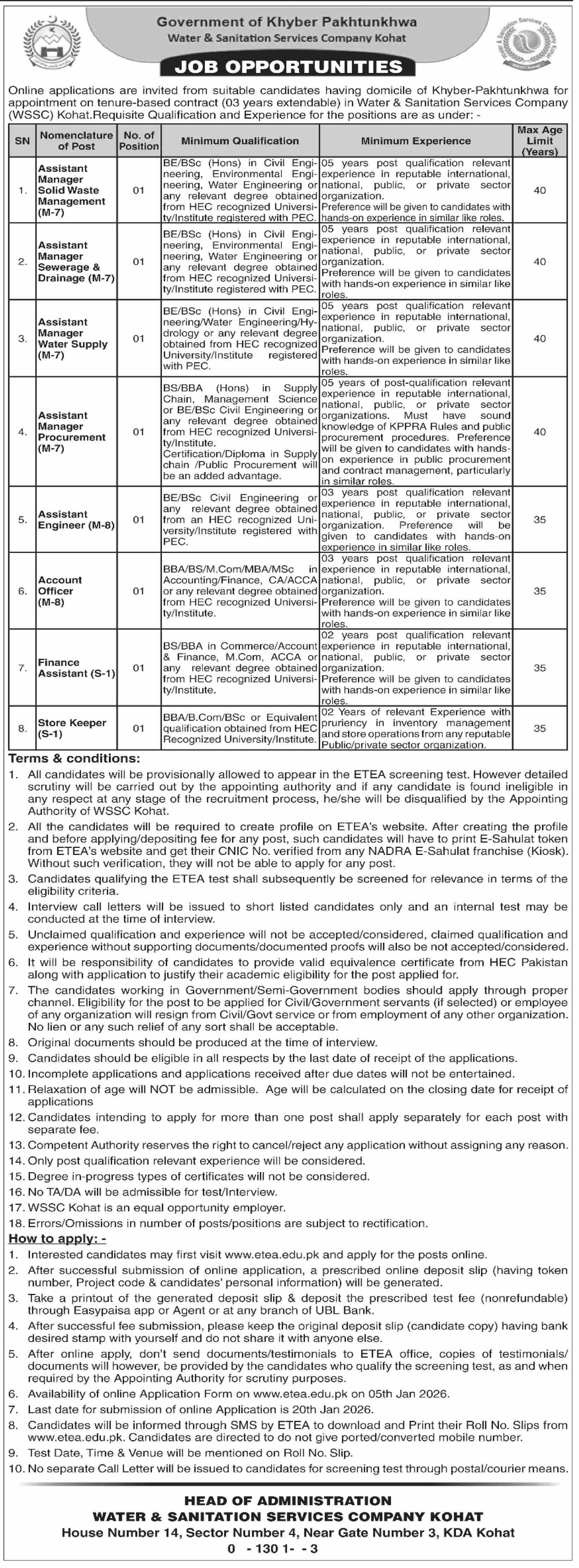 Water & Sanitation Services Company Kohat Jobs 2026 – Water & Sanitation Services Company KPK Jobs 2026 — original advertisement