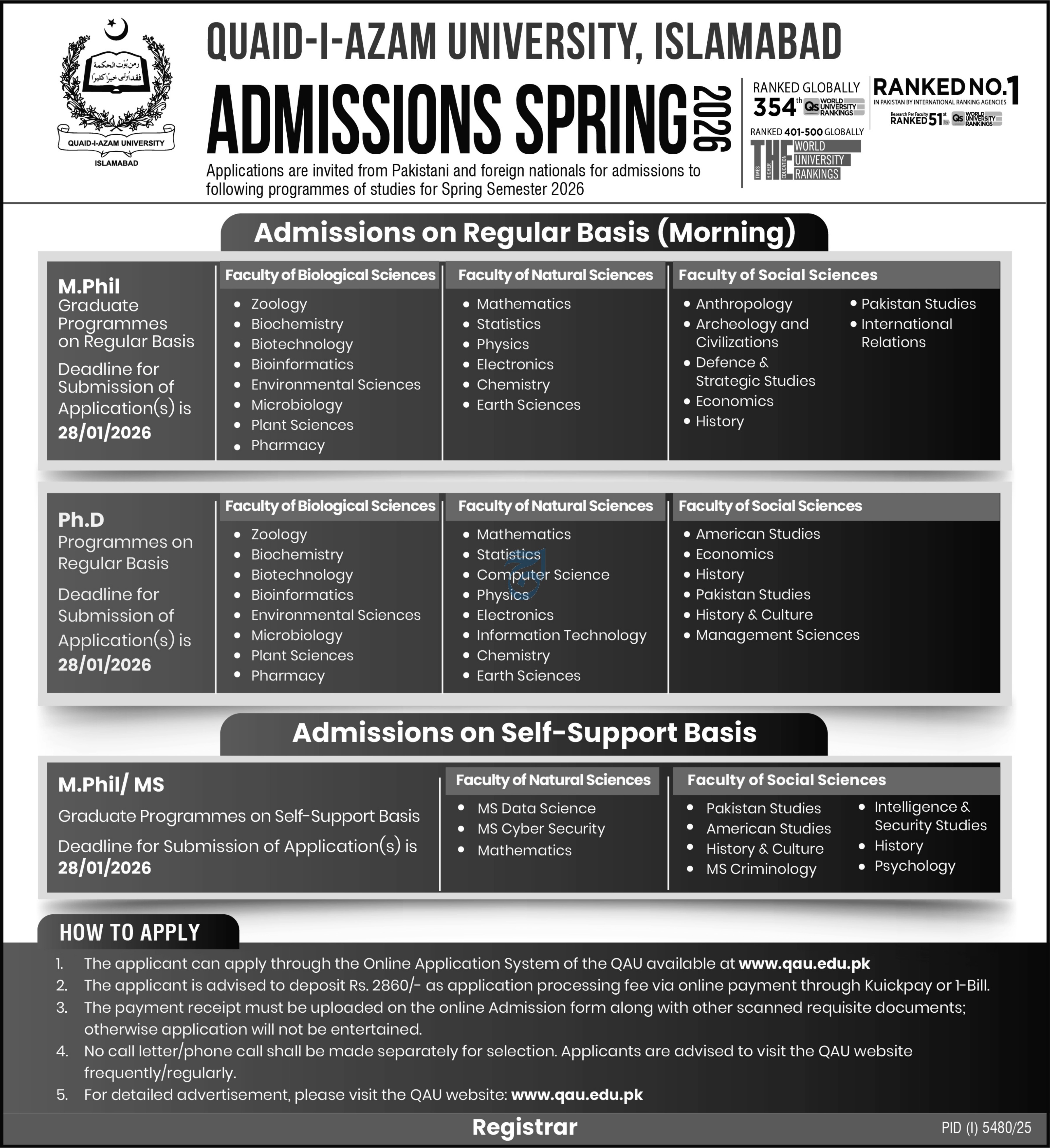 Admission Open in Quaid i Azam University Islamabad – Quaid-i-Azam University, Islamabad , Pakistan Admissions 2026 — original advertisement