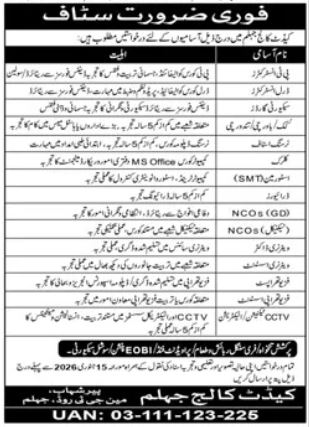 Cadet College Jhelum Jobs 2026 – Cadet College Jhelum Punjab Jobs 2026 — original advertisement