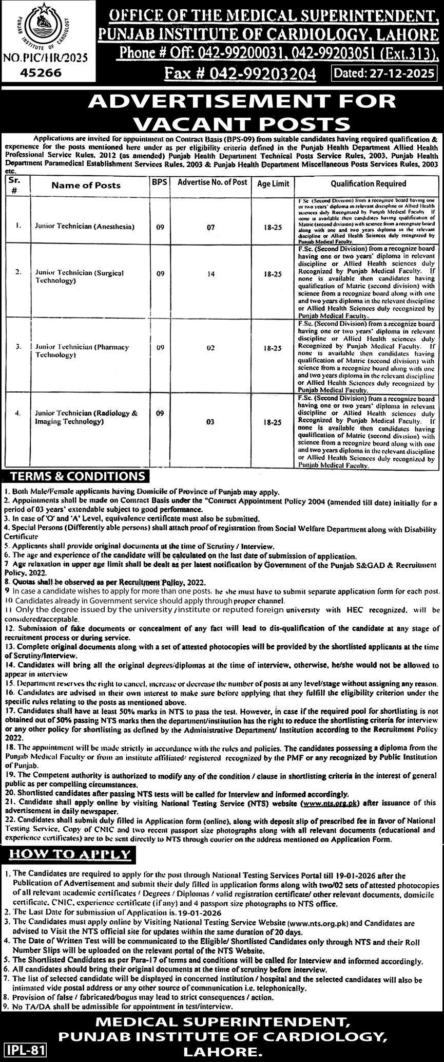 Punjab Institute Of Cardiology PIC Lahore Jobs 2026 – Punjab Institute of Cardiology Lahore Jobs 2026 — original advertisement