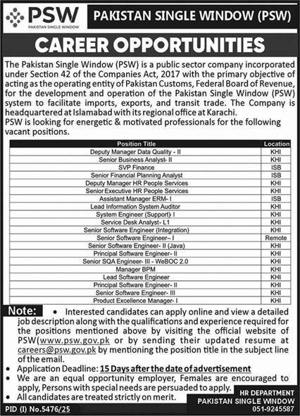 Pakistan Single Window PSW Karachi Jobs 2026 Jobs 2026 — original advertisement