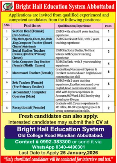 Bright Hall Education System Abbottabad Jobs 2026 – Public Sector Organization Jobs 2026 — original advertisement