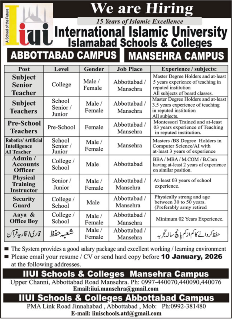 International Islamic University School & Colleges Jobs 2026 – International Islamic University Islamabad Jobs 2026 — original advertisement