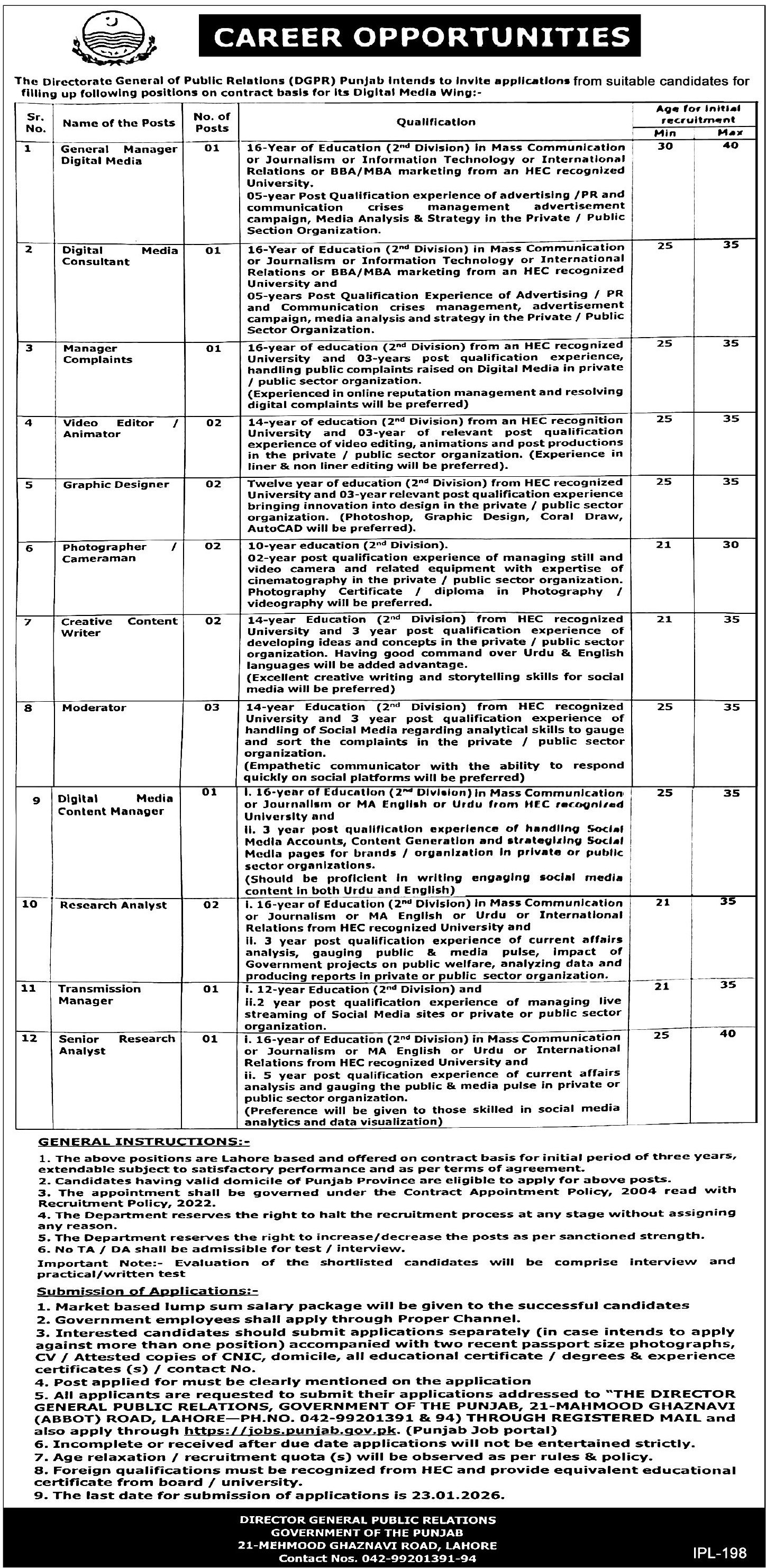 Directorate General Of Public Relations DGPR Lahore Jobs – Public Sector Organization Jobs 2026 — original advertisement