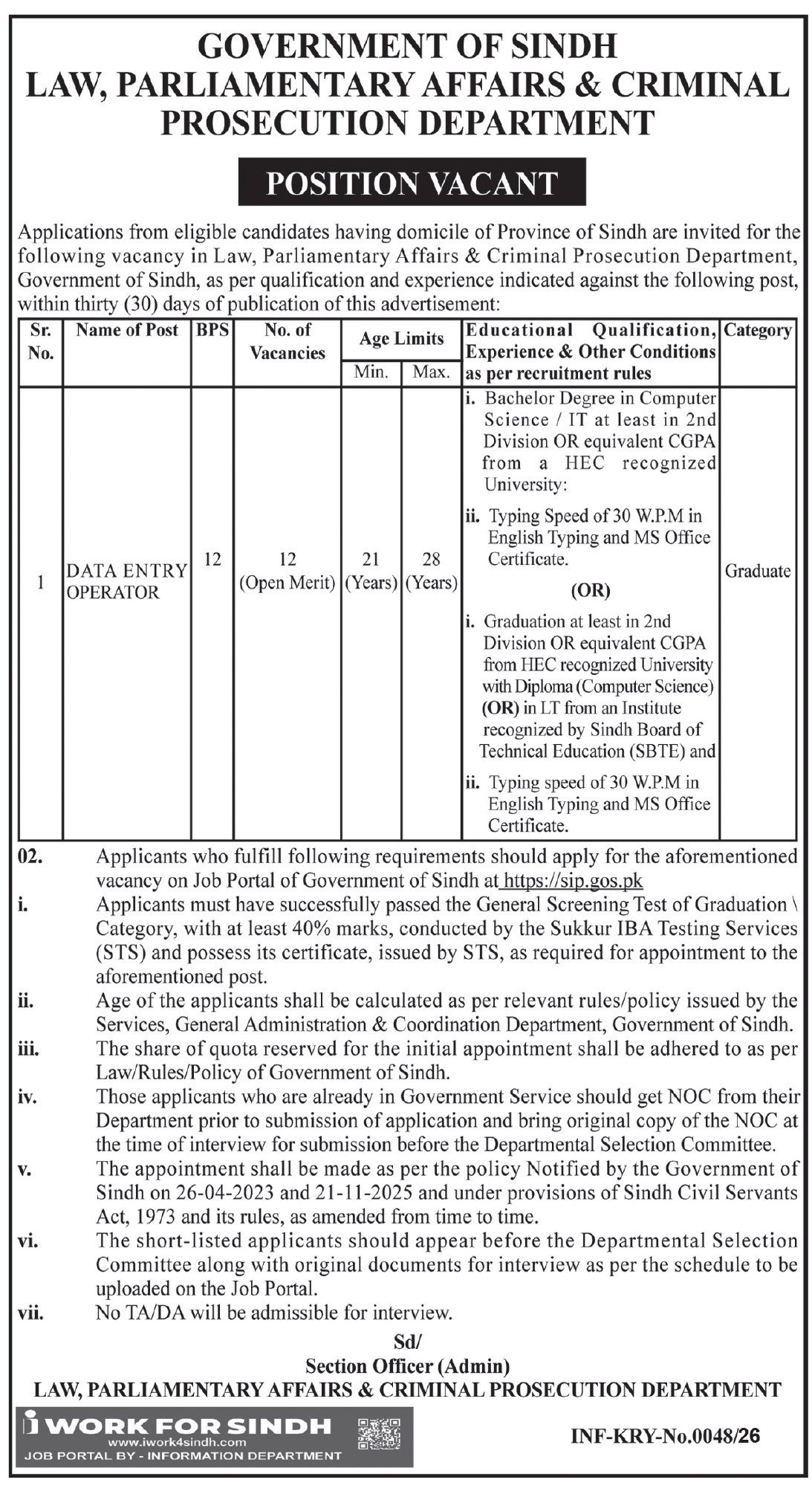 Law Parliamentary Affairs Department Karachi Job 2026 – Law and Justice Commission of Pakistan Jobs 2026 — original advertisement