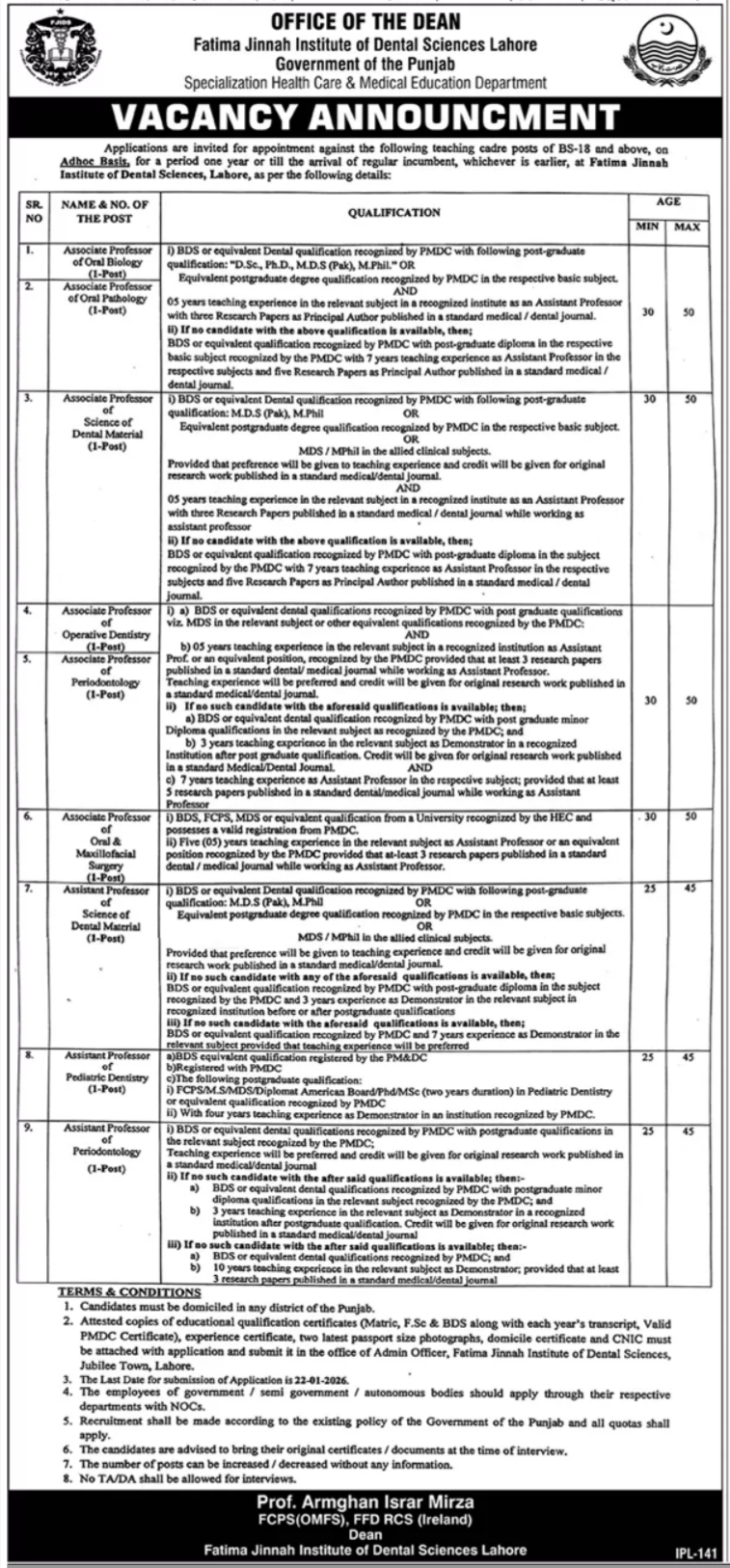 Fatima Jinnah Institute Of Dental Sciences Lahore Jobs 2026 Jobs 2026 — original advertisement