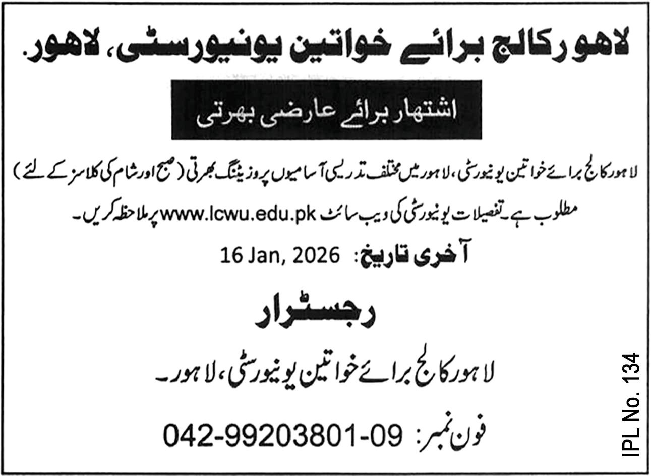 Lahore College For Woman University Job 2026 – Lahore College for Women University Lahore Jobs 2026 — original advertisement