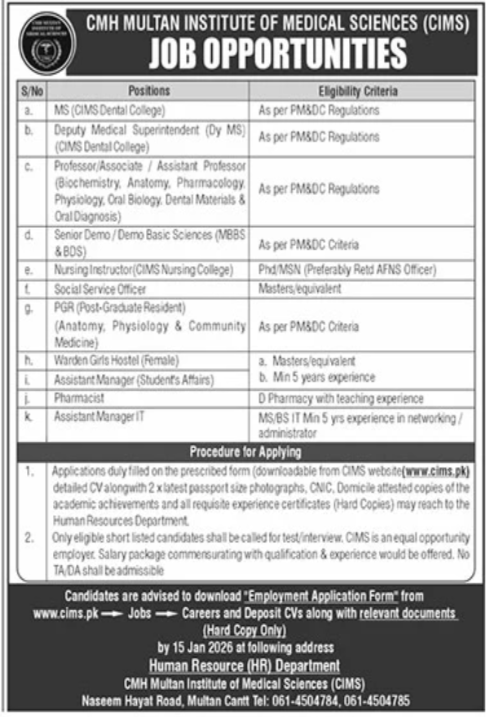 CMH Multan Institute Of Medical Sciences CIMS Jobs 2026 – Combined Military Hospital CMH Jobs 2026 — original advertisement