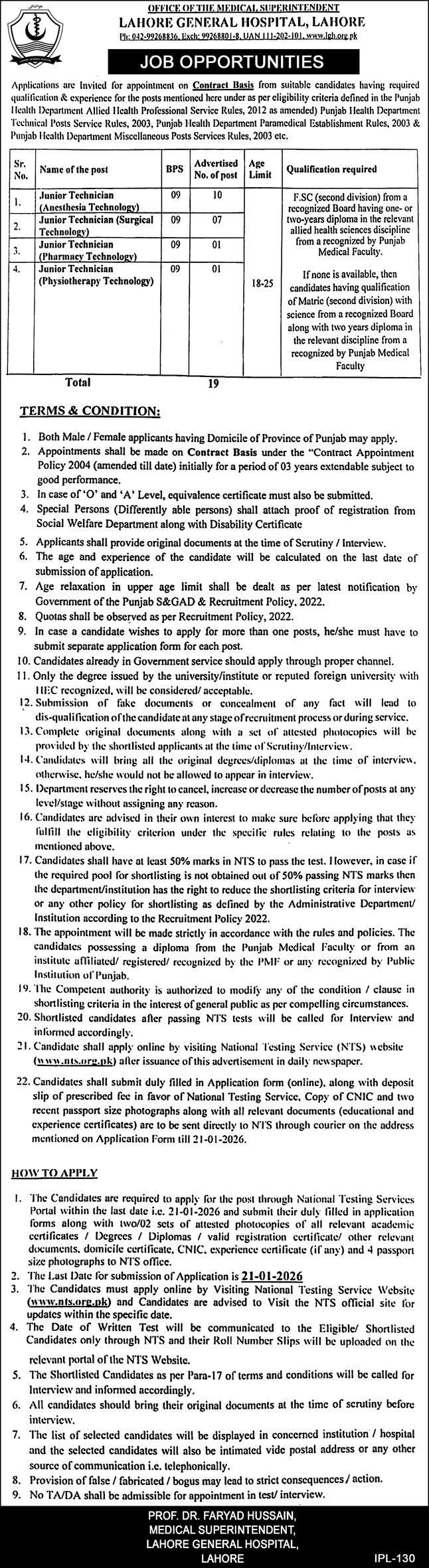 Lahore General Hospital Jobs 2026 For Junior Technician – Lahore General Hospital Lahore Jobs 2026 — original advertisement