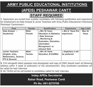 Army Public Educational Institutions APEIS Jobs 2026 – Army Public School & College Paksitan Jobs 2026 — original advertisement