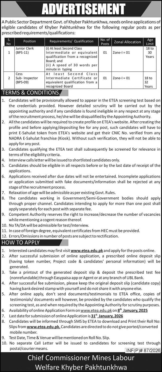 Commissionerate Of Mines Labour Welfare Peshawar Jobs 2026 – Commissioner Mines Labour Welfare Peshawar Kpk Jobs 2026 — original advertisement