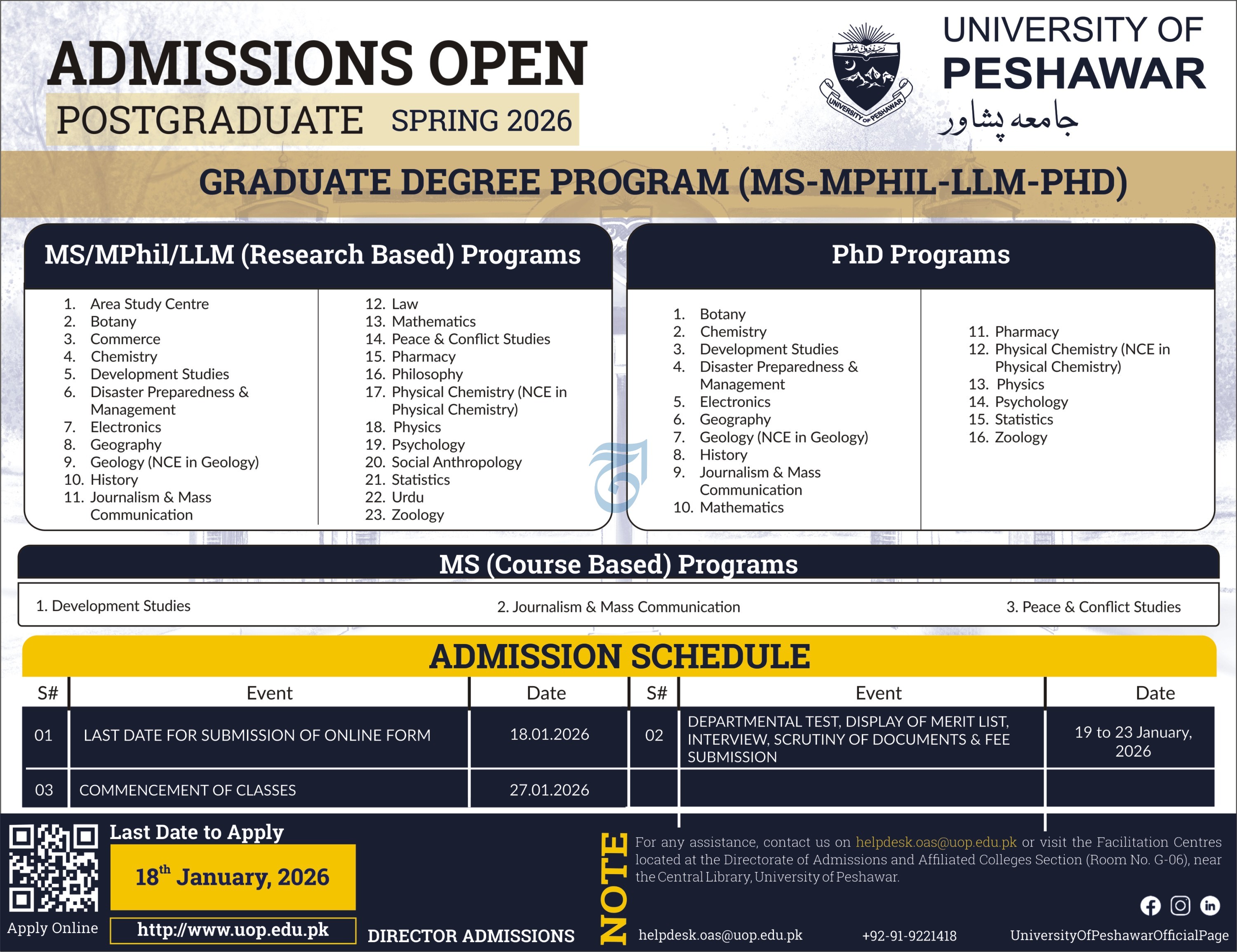 Admission Open in University of Peshawar 2026 Admissions 2026 — original advertisement