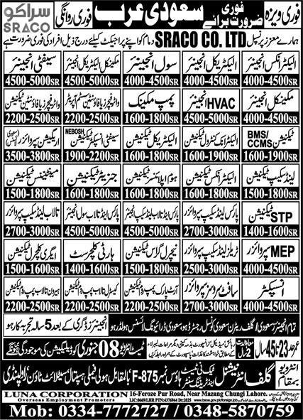Horticulturist & Mechanical Electrical Engineer Jobs 2026 – Gulf Job Hunts Manpower Services Jobs 2026 — original advertisement