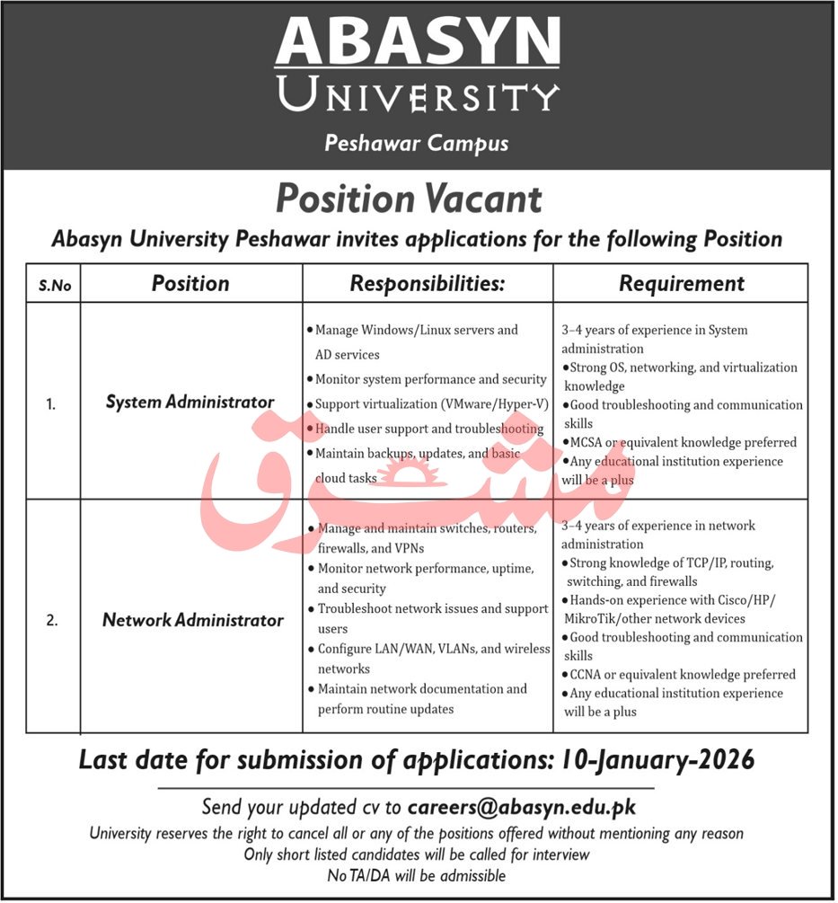 ABASYN University Peshawar Jobs 2026 Jobs 2026 — original advertisement