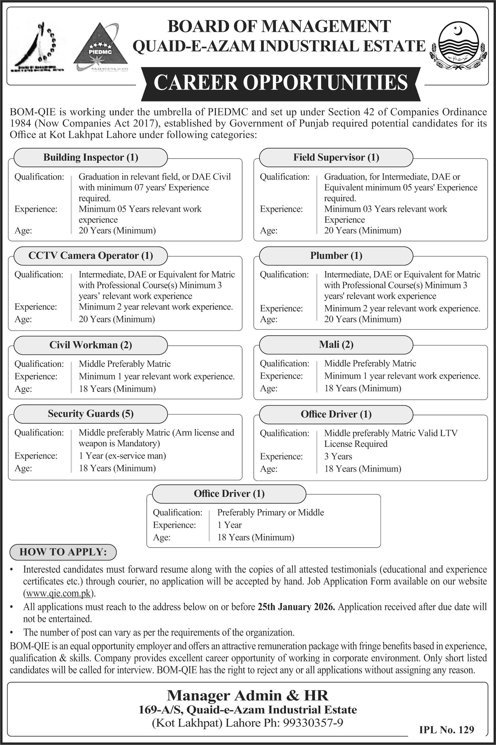 Quaid E Azam Industrial Estate Lahore Jobs Notice 2026 Jobs 2026 — original advertisement