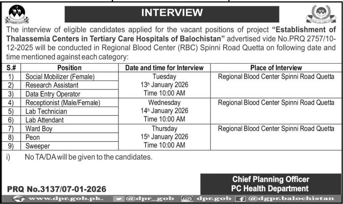 Health Department Quetta Balochistan Jobs Interview 2026 – Health Department Balochsitan Jobs 2026 — original advertisement