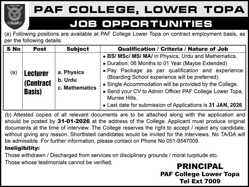 PAF College Lower Topa Jobs 2026 – Pakistan Air Force Jobs 2026 — original advertisement