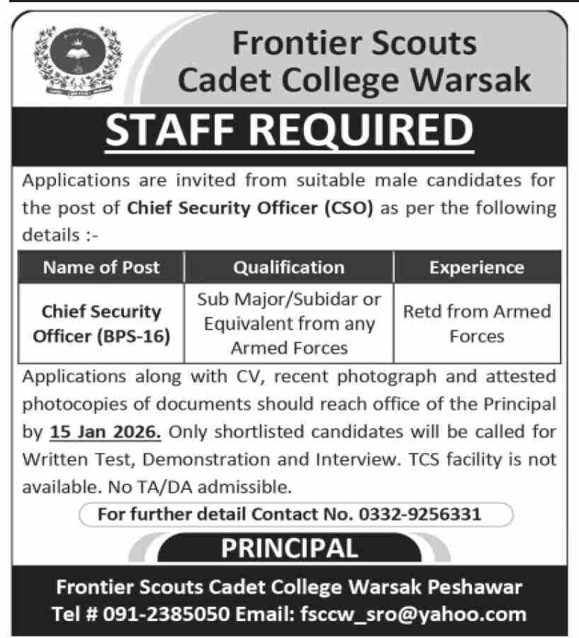Frontier Scouts Cadet College Warsak FSCCW Jobs 2026 – Cadet College Warsak Peshawar Jobs 2026 — original advertisement